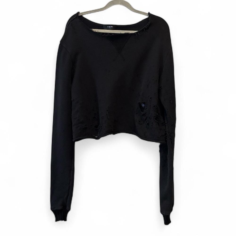 Amiri Off Shoulder Black Cropped Shotgun Crewneck Distressed Sweatshirt Small